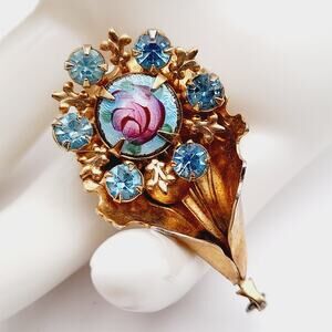 Vintage Guilloche Enamel Pink Rose Blue Rhinestone Pendant Brooch Pin
